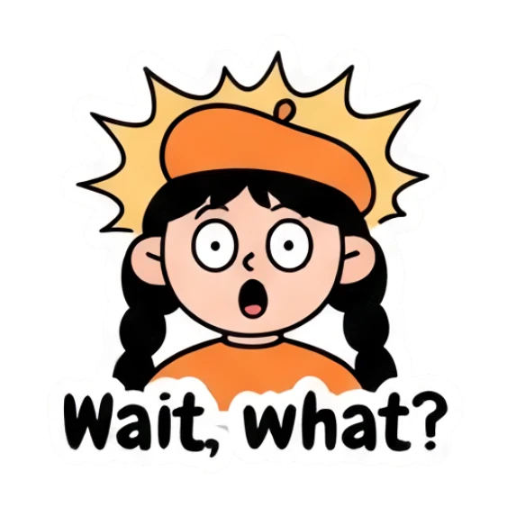 Girl looking shocked with starburst background, Wait what text Beret Girl Daily Vibes sticker for expressive chats and social replies.