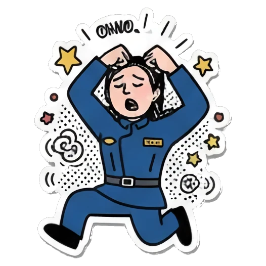 Startled and panicking, saying 'OH NO!' Officer's Daily Moods sticker for expressive chats and social replies.