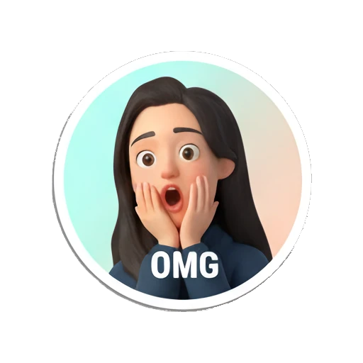 Young woman looking shocked with hands on face, text OMG My Daily 3D Avatar sticker for expressive chats and social replies.