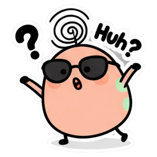 Confused egg with spiral and 'Huh?' text Cool Egg Expressions sticker for expressive chats and social replies.