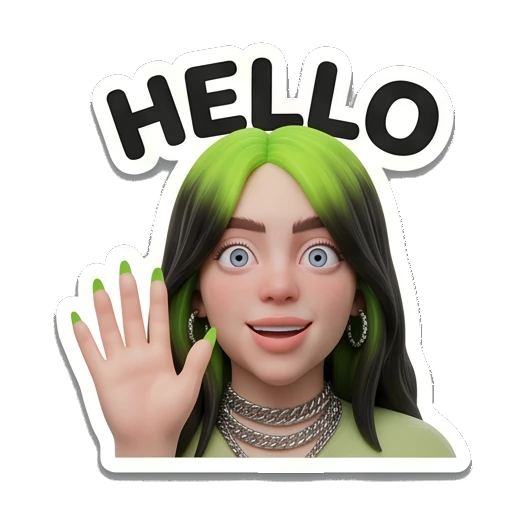 Billie character waving hand with HELLO text, friendly greeting Billie Eilish 3D Expressions sticker for expressive chats and social replies.