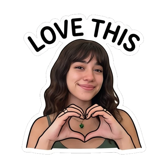 Young woman making a heart shape with hands, text LOVE THIS Daily Moods of a Girl sticker for expressive chats and social replies.
