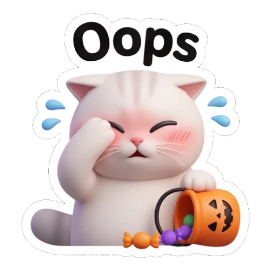 White cat covering face in embarrassment with a candy bucket saying Oops. Whimsical White Cat Adventures sticker for expressive chats and social replies.