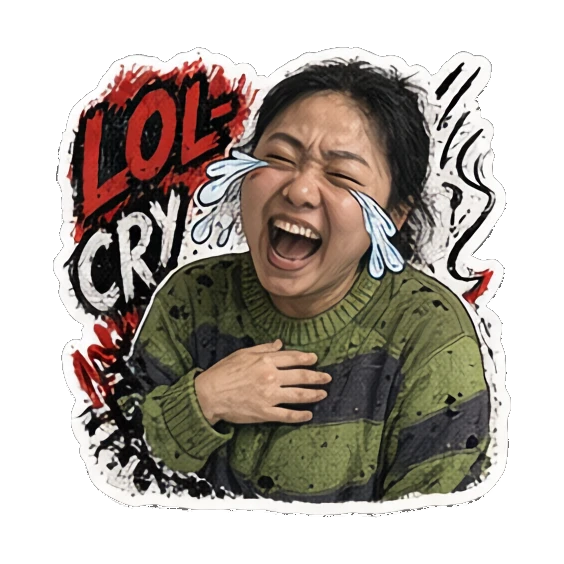 年轻女性大笑到流泪，表情崩溃，文字LOL CRY Punk Girl Daily Vibes sticker for expressive chats and social replies.