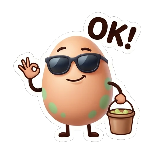 Spotted egg wearing sunglasses giving an OK sign with a bucket, text OK! Cool Spotted Egg Expressions sticker for expressive chats and social replies.