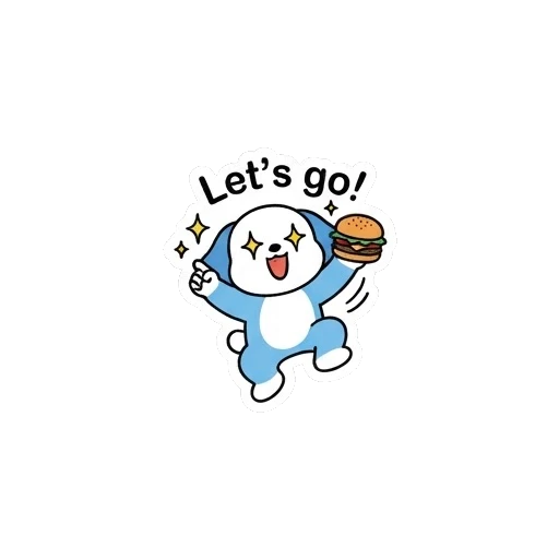 Excited puppy jumping with burger saying Lets go Blue Puppy Burger Buddy sticker for expressive chats and social replies.