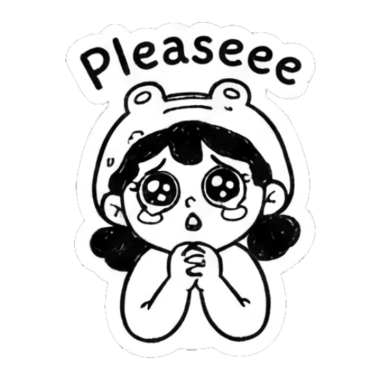 Girl in frog hat pleading with Pleaseee text Froggy Girl Doodles sticker for expressive chats and social replies.