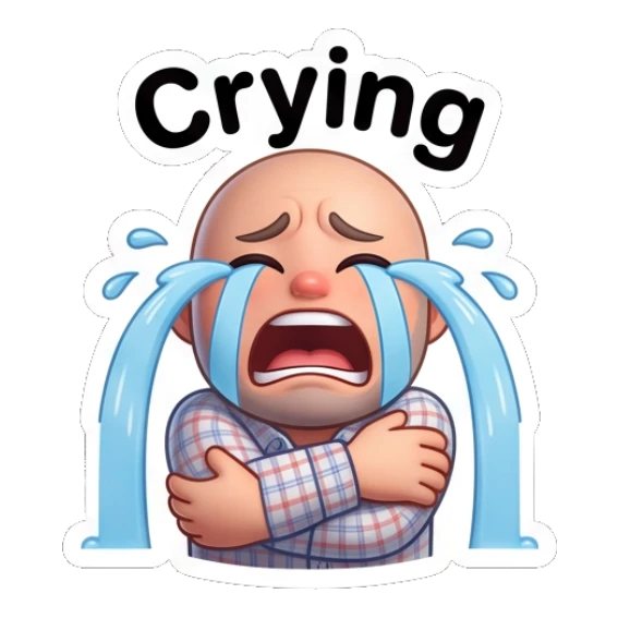 Bald man crying with blue tears streaming down. Bald Guy Daily Vibes sticker for expressive chats and social replies.