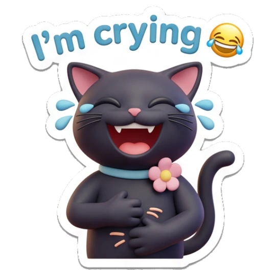Laughing black cat with tears of joy, text I'm crying. Playful Black Cat Daily sticker for expressive chats and social replies.