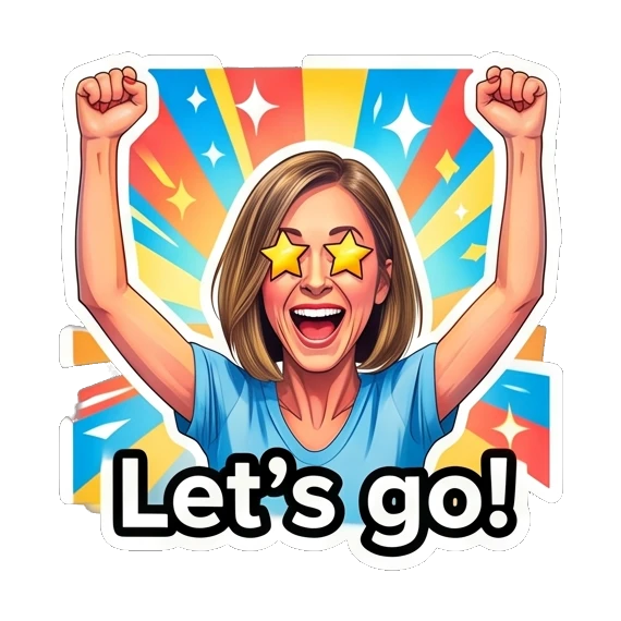 Woman cheering with star-shaped eyes, text 'Let's go!' Daily Life Expressions sticker for expressive chats and social replies.