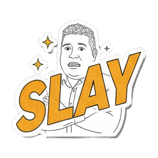 Man looking confident with Slay text Office Guy Daily Vibes sticker for expressive chats and social replies.