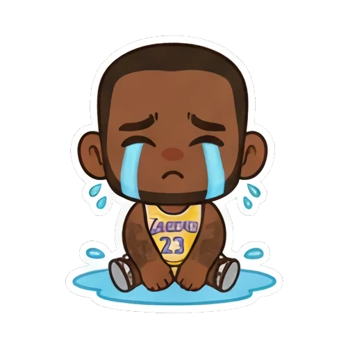 Chibi player sitting and crying in a puddle King of the Court sticker for expressive chats and social replies.