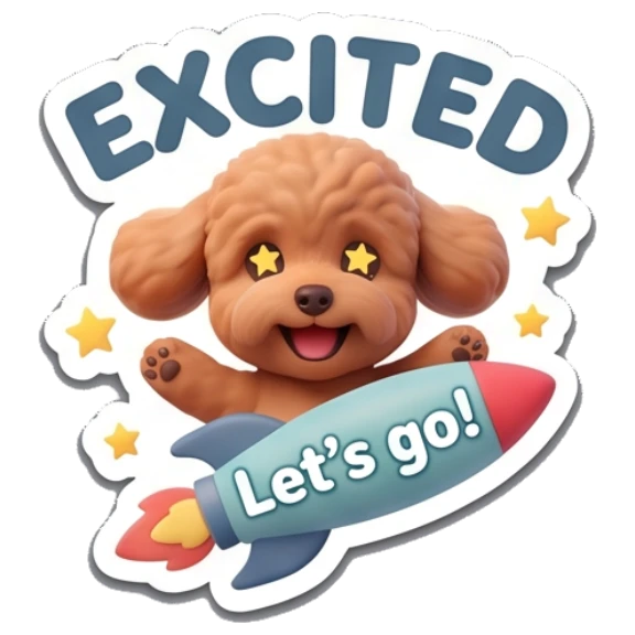 Poodle excited riding a rocket ship. Poodle Pals Daily sticker for expressive chats and social replies.