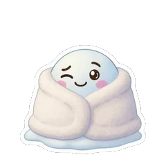 Snow creature wrapped in a cozy blanket with BLISS text. Snowy Buddy Adventures sticker for expressive chats and social replies.