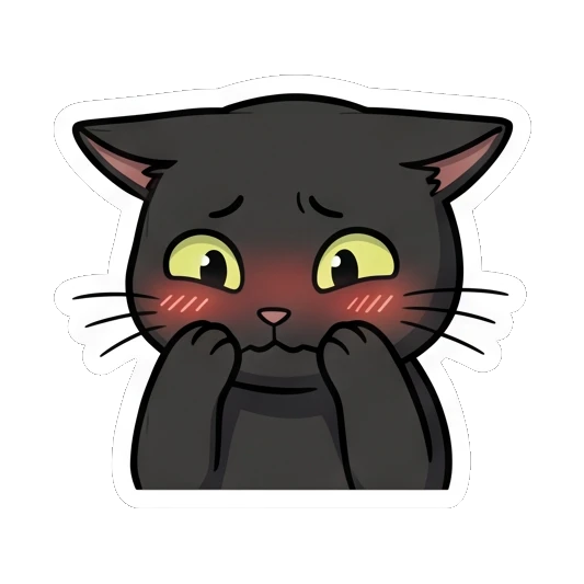 Black cat blushing shyly with hands covering its face. Little Black Cat Expressions sticker for expressive chats and social replies.