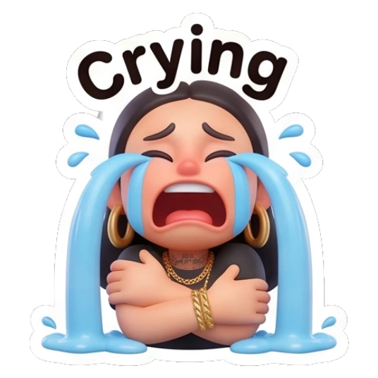 Girl sobbing with large blue tears, text Crying. Chic Urban Girl Vibes sticker for expressive chats and social replies.