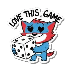Gamer cat holding a large die with heart eyes and text LOVE THIS GAME Gamer Cat Adventures sticker for expressive chats and social replies.