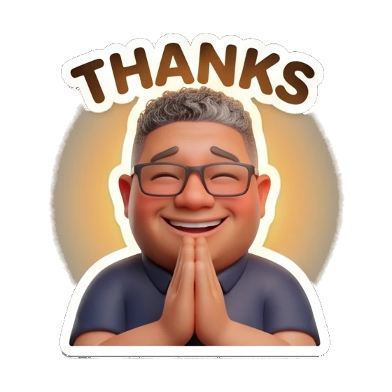Man with glasses praying with gratitude with text THANKS Office Guy Expressions sticker for expressive chats and social replies.