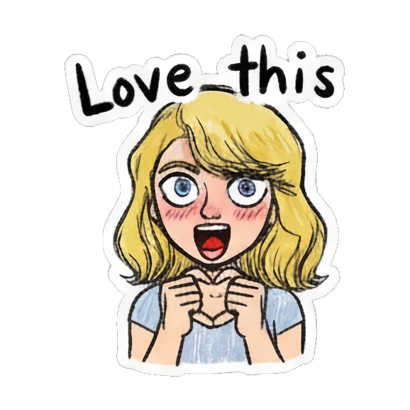 Blonde girl blushing with heart hands and text Love this Blonde Girl Doodle Diary sticker for expressive chats and social replies.