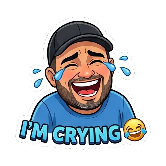 Bearded man laughing with tears of joy, 'I'm Crying'. Bearded Guy Daily Vibes sticker for expressive chats and social replies.