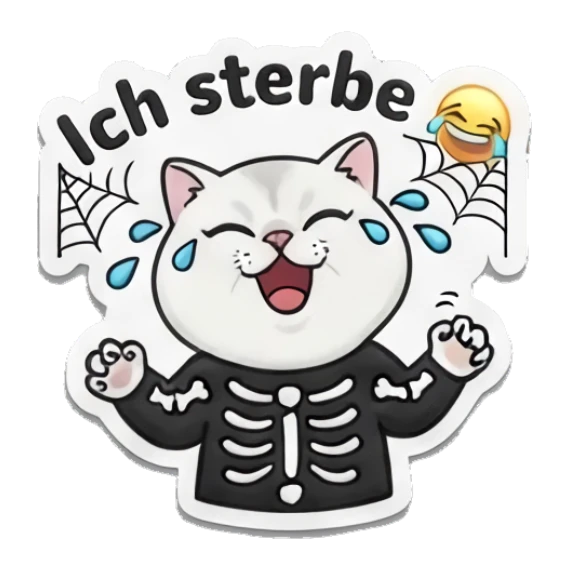 White cat skeleton laughing with spider webs, Ich sterbe Spooky Cute Cat Halloween Vibes sticker for expressive chats and social replies.
