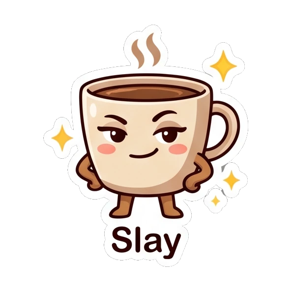 Confident coffee cup posing with hands on hips and sparkles. Cheerful Coffee Cup Pals sticker for expressive chats and social replies.