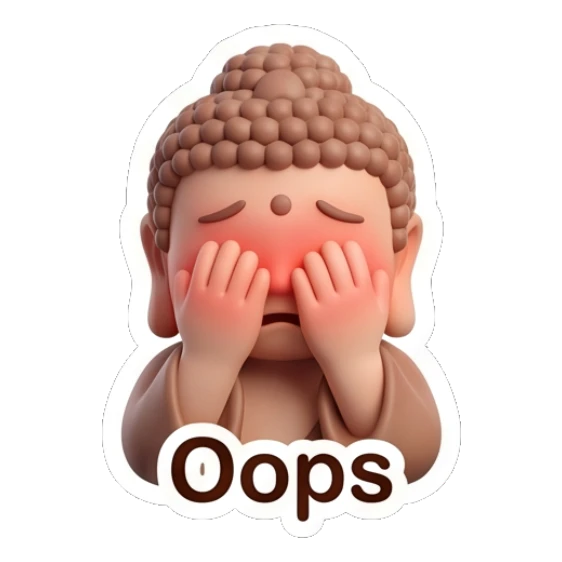 Little Buddha covering face with hands in an oops gesture. Zen Little Buddha Vibes sticker for expressive chats and social replies.