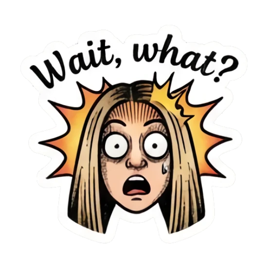 Blonde girl looking shocked with lightning background and text 'Wait, what?' Vintage Blonde Expressionist sticker for expressive chats and social replies.