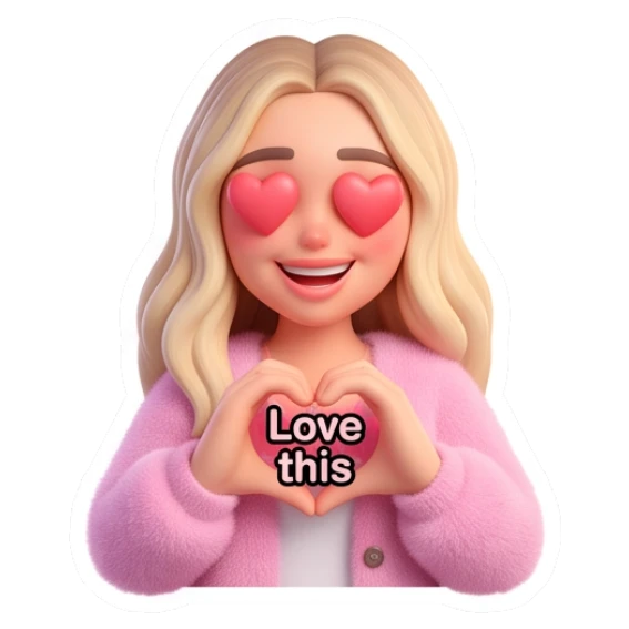 Blonde girl with heart eyes making heart shape with Love this text Blonde Girl Daily Vibes sticker for expressive chats and social replies.