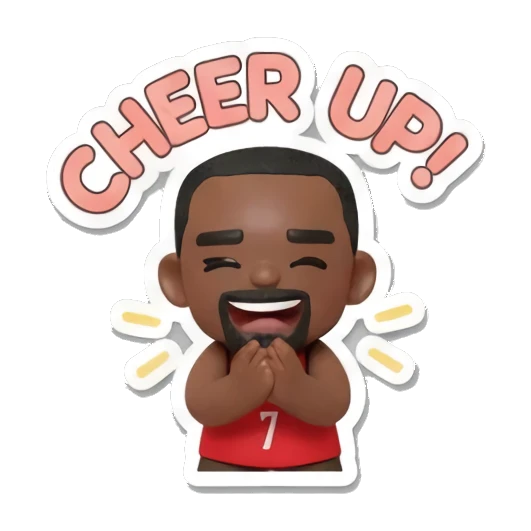 Basketball player smiling with hands together saying CHEER UP. Basketball Star Daily Life sticker for expressive chats and social replies.
