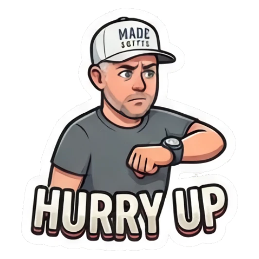 Man checking his wristwatch impatiently with text HURRY UP Coffee Shop Guy Daily Vibes sticker for expressive chats and social replies.