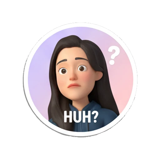 Young woman looking confused with a question mark, text HUH? My Daily 3D Avatar sticker for expressive chats and social replies.