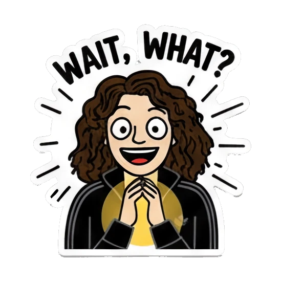 Curly-haired girl looking surprised with text WAIT WHAT Curly Hair Girl Daily Vibes sticker for expressive chats and social replies.