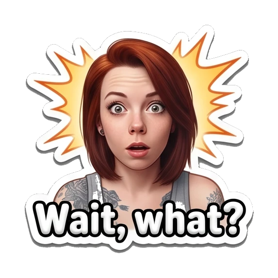 Surprised girl with wide eyes and 'Wait, what?' text Red-Haired Girl Daily Vibes sticker for expressive chats and social replies.