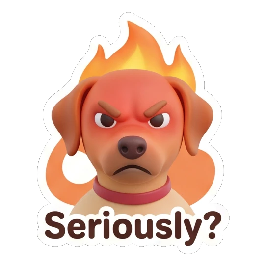 Labrador looking furious with flames on head, text Seriously? Cheerful Labrador Daily sticker for expressive chats and social replies.