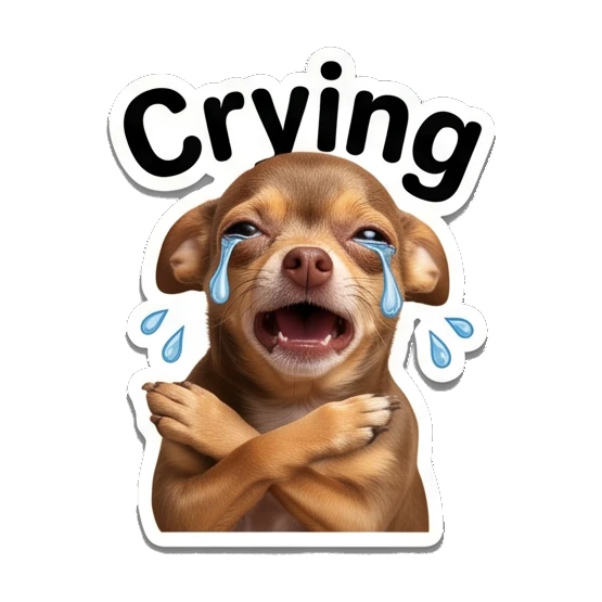 Chihuahua crying with crossed paws, text Crying Chihuahua Moods sticker for expressive chats and social replies.