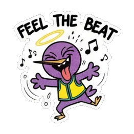 Purple bird with halo dancing wildly, text FEEL THE BEAT Purple Bird Music Festival sticker for expressive chats and social replies.