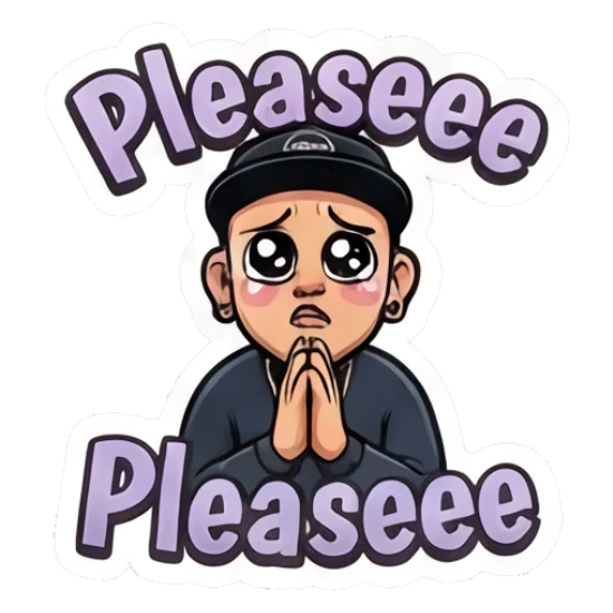 Man pleading with puppy eyes and hands together. Cool Guy Daily Vibes sticker for expressive chats and social replies.