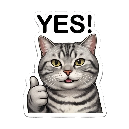 Happy tabby cat giving a thumbs up with text YES! Fluffy Tabby Moods sticker for expressive chats and social replies.