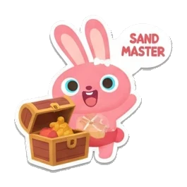 Pink bunny opening a treasure chest, Sand Master text. Pink Bunny Beach Day sticker for expressive chats and social replies.