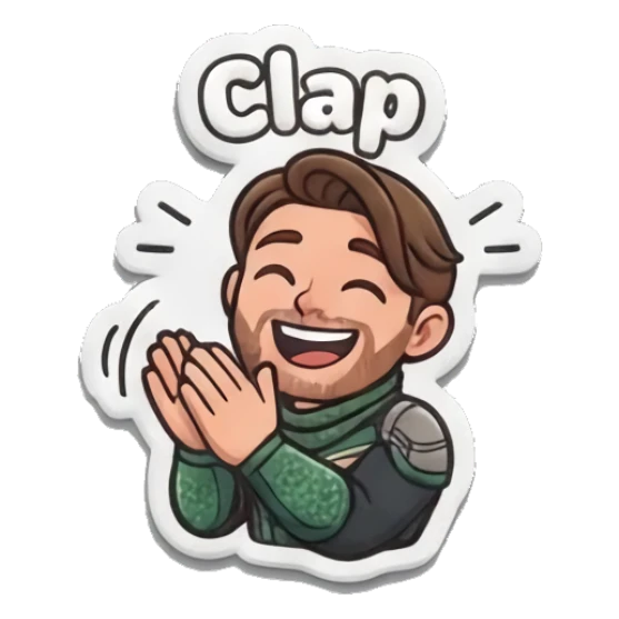 Happy hero clapping hands saying Clap. Heroic Daily Vibes sticker for expressive chats and social replies.