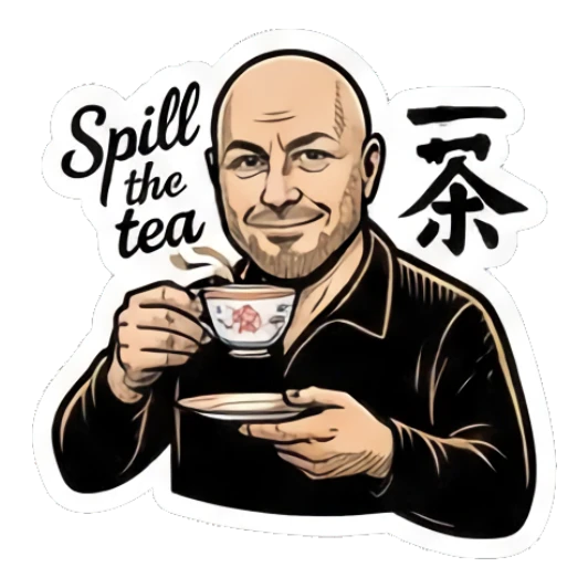 Bald man sipping tea elegantly, text says Spill the tea. Bald Guy Daily Vibes sticker for expressive chats and social replies.