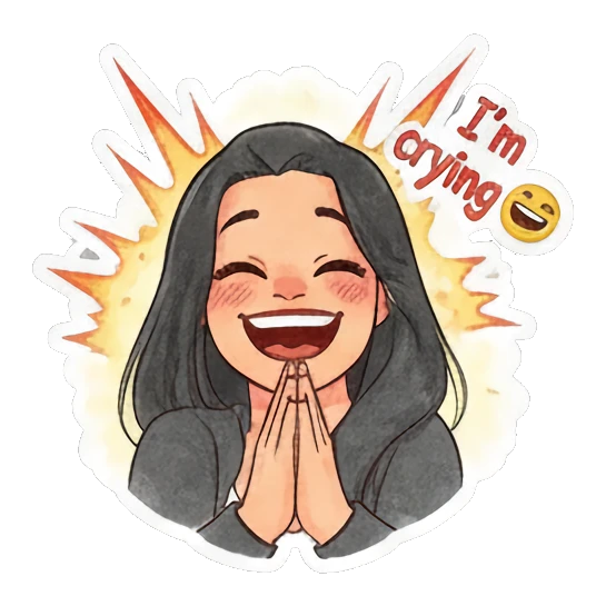 Young woman laughing with hands together and 'I'm crying' text. Modern Girl Daily Expressions sticker for expressive chats and social replies.