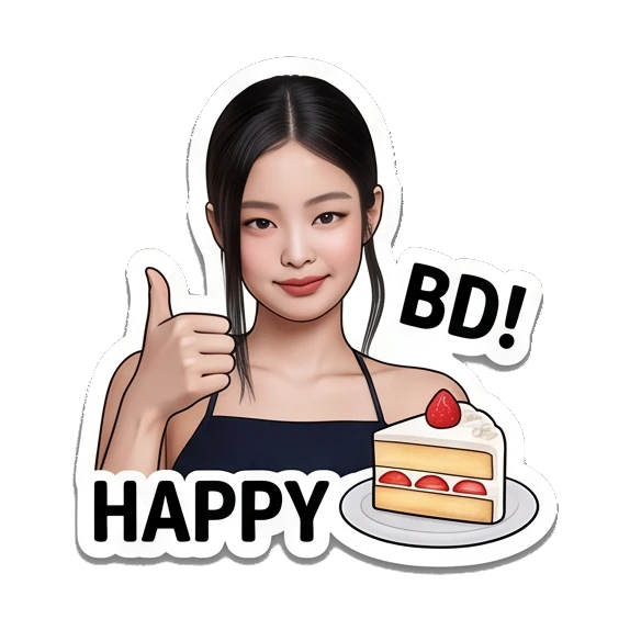 Young woman giving thumbs up with cake, text HAPPY BD Jennie Birthday Party Vibes sticker for expressive chats and social replies.