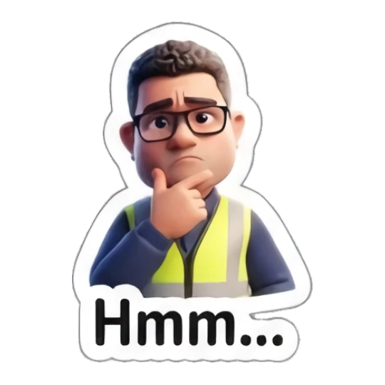 Worker touching chin, looking thoughtful and pensive. Busy Worker Life sticker for expressive chats and social replies.