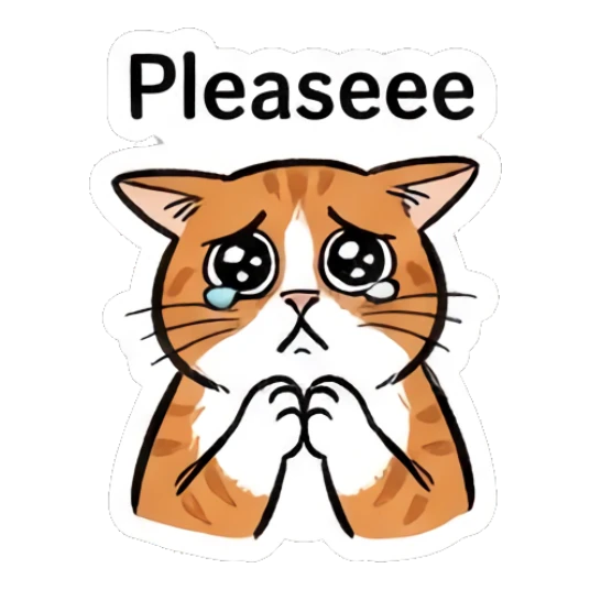 Pleading orange cat with big watery eyes and text Pleaseee Doodle Orange Cat Daily sticker for expressive chats and social replies.