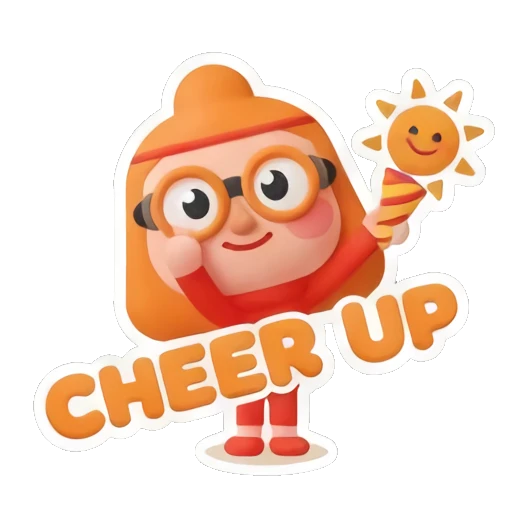 Ginger girl holding a sun prop cheering with text CHEER UP Cheerful Ginger Girl Adventures sticker for expressive chats and social replies.