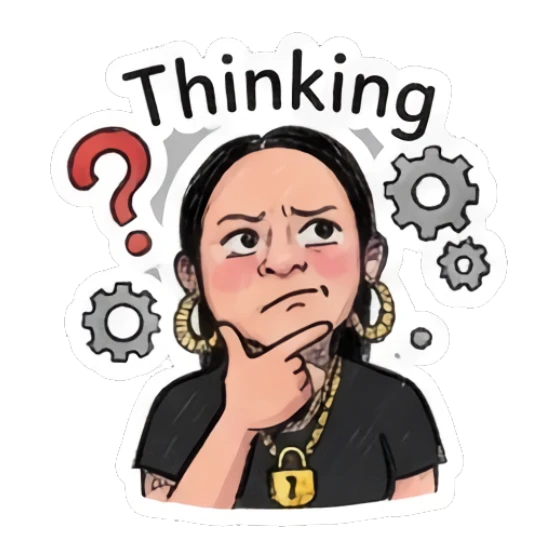 Girl thinking with hand on chin, inquisitive expression, gear icons. Doodle Girl Vibes sticker for expressive chats and social replies.