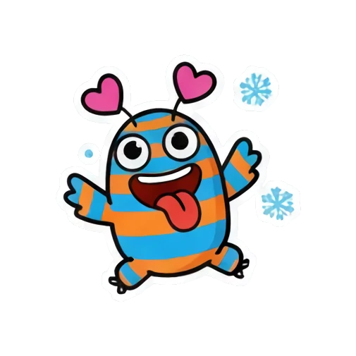 Happy monster waving with snowflakes, text HAPPY! Striped Monster Winter Fun sticker for expressive chats and social replies.