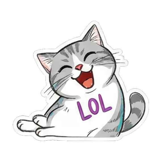 Laughing cat with LOL text Mischievous Meow Moments sticker for expressive chats and social replies.